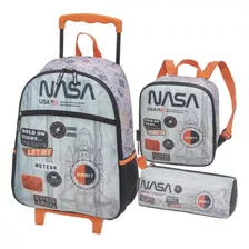 Mochila Rodinhas Lancheira Estojo Simples Pack Me Nasa Astro