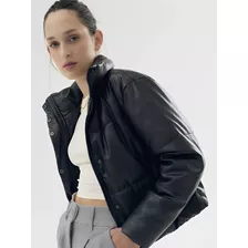 Campera Negro Puffer Ecocuero Engomado Nuevo T/m Bot/cierre