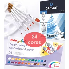 Kit Tinta Pintura Aquarela Pentel Pinceis Bloco Papel Canson