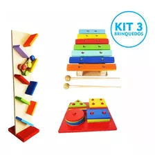 Kit 3 Brinquedos Pedagógico Xilofone Pista Maluca Geométrica