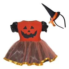 Vestido Infantil Halloween Laranja Mesversario C/chapéu