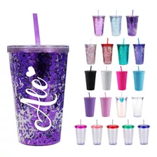 Vaso Glitter Con Popote Personalizado 500ml