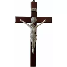 Cruz Crucifixo De Parede Madeira E Mármore São Bento 40cm