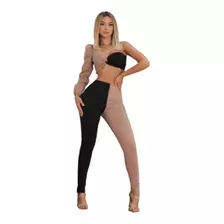 Conjunto Bicolor Cropped Manga Única Calça Skinny