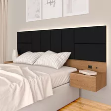 Cabeceira Suspensa Cama Casal Com Led Malibu Carv/preto -m.a Cor Carvalho Americano/preto 06