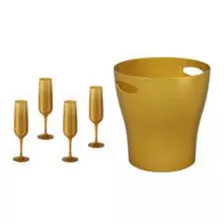 Kit Balde Cooler 7l Com 4 Taças De Espumante Dourado Brinox