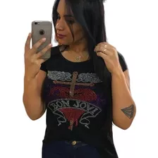Blusa Bon Jovi Banda Rock Feminina Strass Blusinha Camiseta