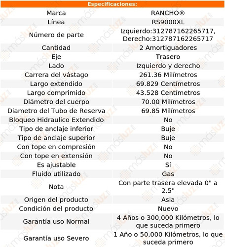 Kit 2 Amortiguadores Tra Gas Rs9000xl H2 03/09 Foto 3