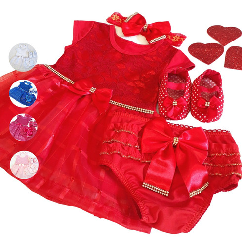 Vestido Luxo Rn A 6 Meses Renda Baby Kit 4 Pç Menina Laço