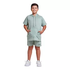 Conjunto Infantil Menino Camisa Capuz E Shorts Moletom Kids