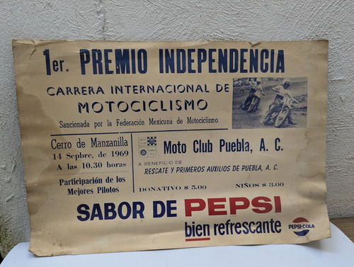 Antiguo Cartel Motociclismo 1969 Premio Independencia Pepsi — imagen 1