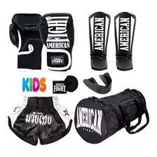 Kit Muay Thai Luva Bolsa Caneleira Shorts Buc Band Infantil