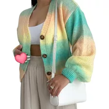 Cardigan Friz Multicolor Manga Globo Saco Abrigo Mujer Moda 