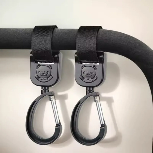 2x Gancho Carrinho Bebê Rotação 360° Bolsa Sacola Universal Preto