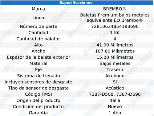 Balatas Bajos Metales Traseras Saturn Sl1 93-95 Brembo Foto 4