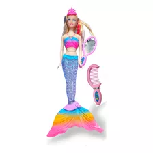 Boneca Sereia Mermaid Com Luzes Led Articulado 35cm + Itens