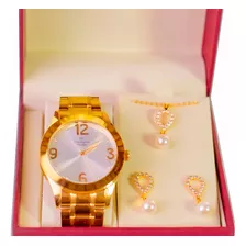 Relógio Champion Feminino Dourado Kit Colar Brincos Original