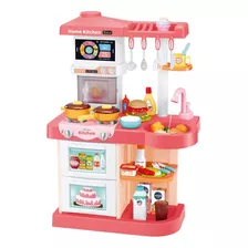 Cozinha Infantil Completa Vapor Painel Touch Controle Remoto Cor Rosa