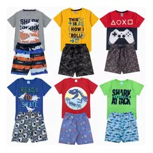 Kit 8 Peças De Roupa Infantil Masculino 4 Camisas + 4 Shorts