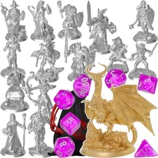 Kit Lote 14 Miniaturas + Dragão Rpg Jogo Mesa Dnd C/ Dados