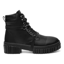 Coturno Feminino Cano Baixo Casual Bota Preta Correntes Rock