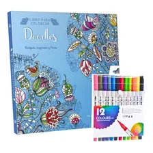 Libro Mandala Doodle + 12 Plumones Doble Punta Fina/gruesa