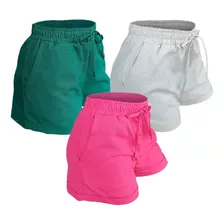 Kit 3 Short Feminino Shortinho Verão Em Linho Cintura Alta