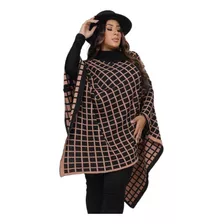 Poncho De Tricô Com Gola Rosana Xadrez Tendencia Elegante