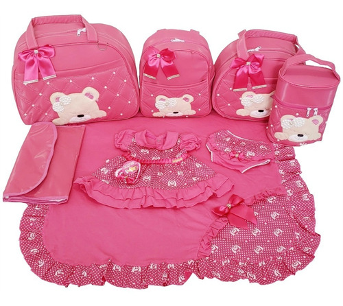 Kit Saída Maternidade E Bolsas 5pcs Rosa Pink Menina Vestido