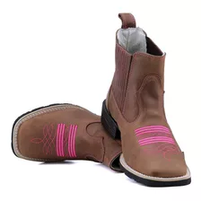 Bota Botina Texana Feminina Country Couro Bordado Rosa Tribal Confortável.