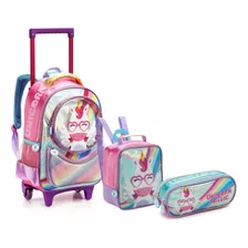 Kit Mochila Bolsa Infantil Escolar Unicórnio Rodinhas