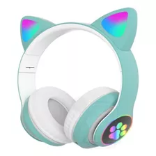 Fone De Ouvido Gatinho Sem Fio Bluetooth Com Led Colorido Cor Verde Tiffany