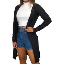 Cardigan Feminino Manga Longa Malha Canelada Blusãosobretudo