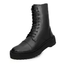 Bota Coturno Blogueira Feminina Cano Alto Preto 9042 Couro