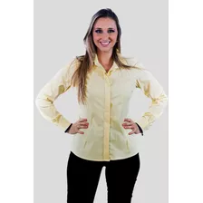 Camisa Feminina Plus Size Algodão Botão Escondido Amarela