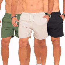 Kit 03 Shorts Linho Masculino Linha Premium Verão Praia 