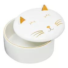 Caixa Gato Cerâmica Decorativo Branco E Dourado 09857 Mart