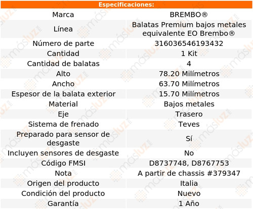 Balatas Bajos Metales Traseras Mercedes-benz E420 97 Brembo Foto 4