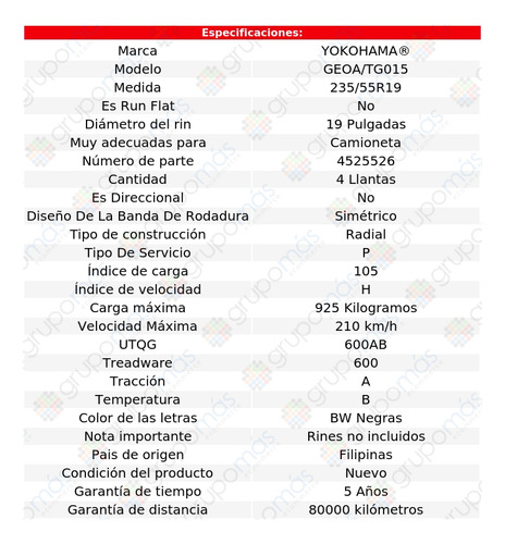 Paquete 4 Llantas 235/55r19 Geoa/tg015 Yokohama 105h Foto 2