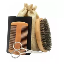 Set Cepillo Peine Para Barba Con Tijera Barberia Hombre 