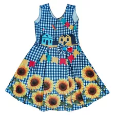 Vestido Infantil De Festa Junina Azul Girassol Tam 8 Ao 10