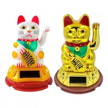 Kit 2 Gato Da Sorte Maneki Neko Balança Mão Carrega Solar