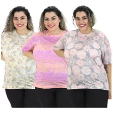 Kit 3 Blusas Femininas Malha Manga Curta Senhora Gola Careca