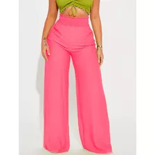 Calça Pantalona Wide Leg Flare Social Poliamida Cintura Alta