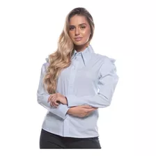 Camisa Botão Clássica Feminina Azul Manga Longa Bufante