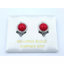 Aros Perla De Mallorca Roja Clip A Presión. Enchapado Plata.