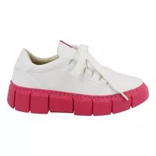 Tênis Feminino Casual De Amarrar 101 Napa Branco Com Sl Rosa