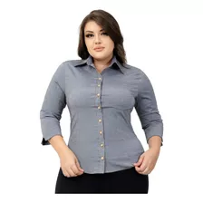 Camisa Social Feminina Manga 3/4 Tons De Jeans Plus Size