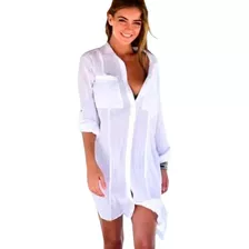 Saída De Praia Vestido Chemise Manga Longa Moda Praia