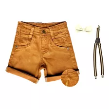 Bermuda Short Jeans Suspensório Gravata Infantil Menino Bebê